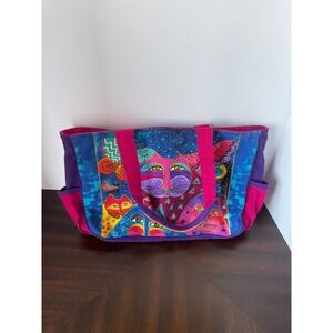 Laurel Burch Medium Tote Bag Cat Print Canvas with Zipper and Pockets